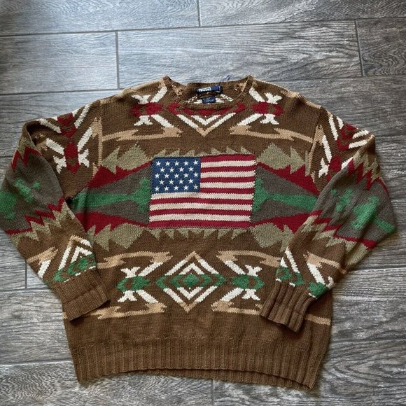 Vintage Ralph Lauren Polo Aztec American Flag Sweater Mens XL Cotton Hand Knit